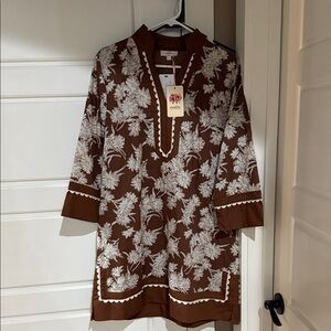 entro Brown Floral Tunic Dress with White Embroidery